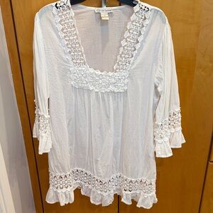 White Crochet Peasant Blouse with Ruffled Hem swim coverup